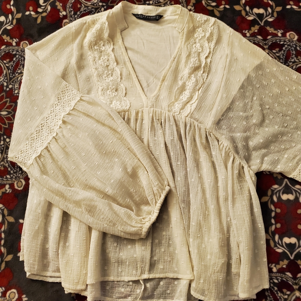 Zara Swiss Dot Sheer Peasant Blouse
